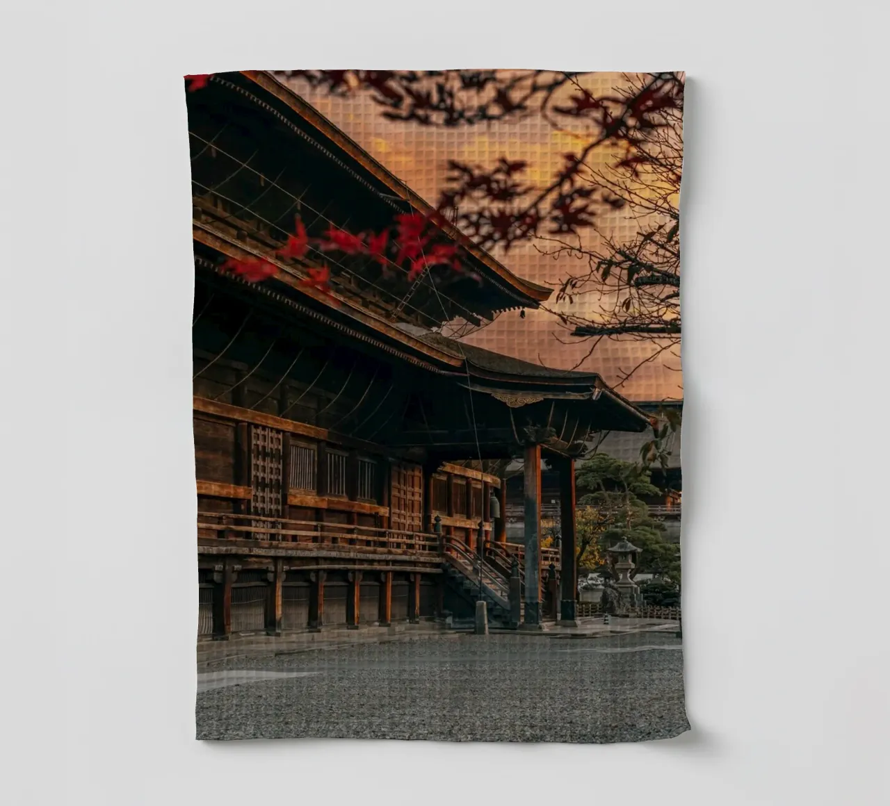 Zenkoji Temple Sunset in Nagano, Japan tea towel by Marcel Bisig