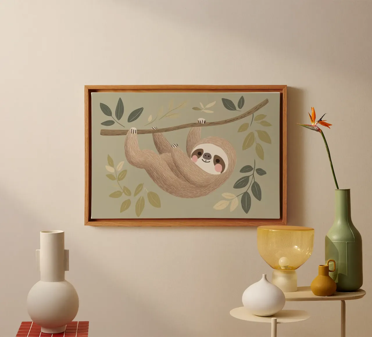 Simpatica illustrazione di un bradipo per la cameretta o la stanza dei giochi dei bambini tela con Cornice a cassetta da Little Lola