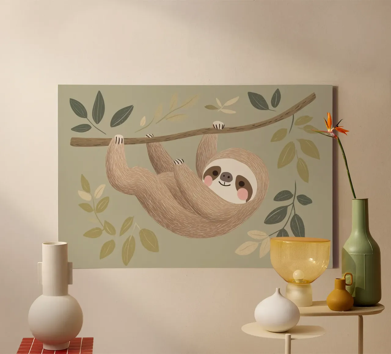Simpatica illustrazione di un bradipo per la cameretta o la stanza dei giochi dei bambini tela con Cornice a cassetta da Little Lola