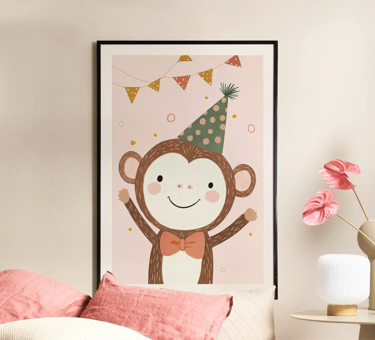 Illustrazione di scimmia di compleanno, grafica pastello per la stanza dei bambini poster con telaio in alluminio da Little Lola