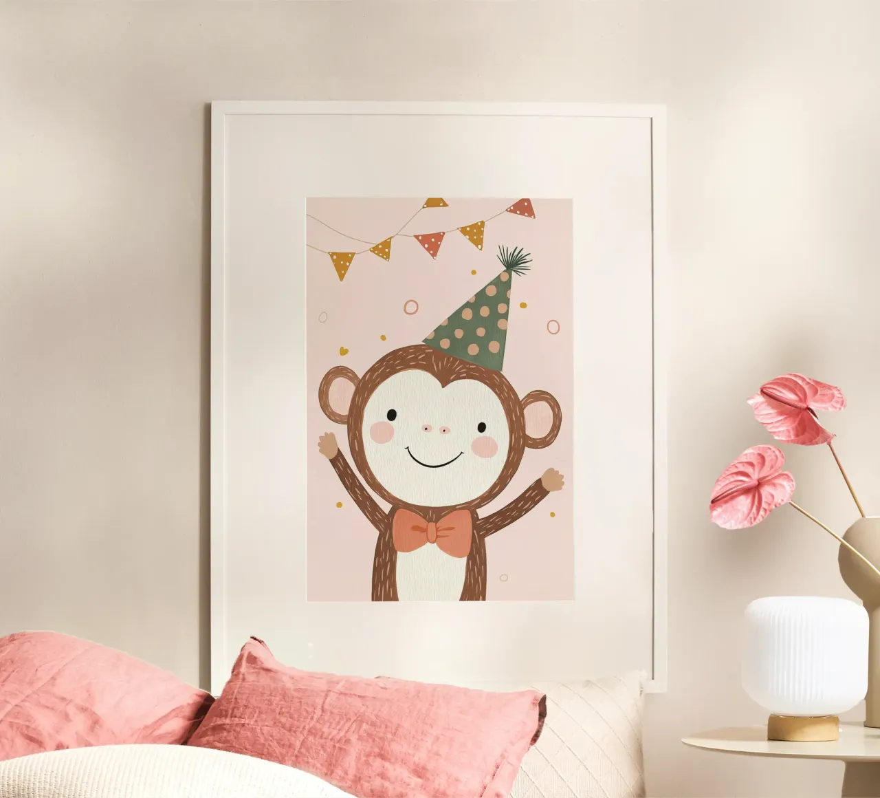 Illustrazione di scimmia di compleanno, grafica pastello per la stanza dei bambini poster con telaio in alluminio da Little Lola