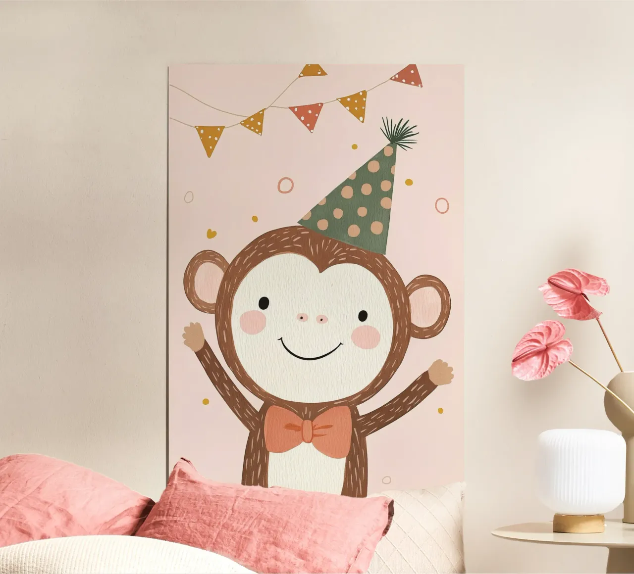 Illustrazione di scimmia di compleanno, grafica pastello per la stanza dei bambini poster con telaio in alluminio da Little Lola