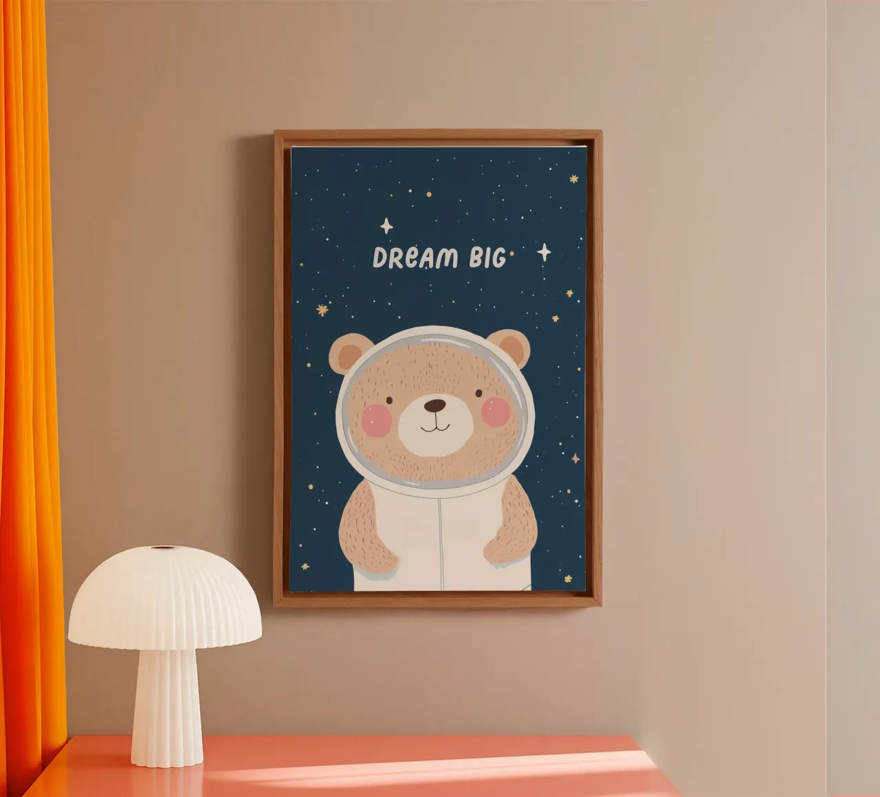 Orso nello spazio Illustrazione Affermazione positiva per bambini tela con Cornice a cassetta da Little Lola