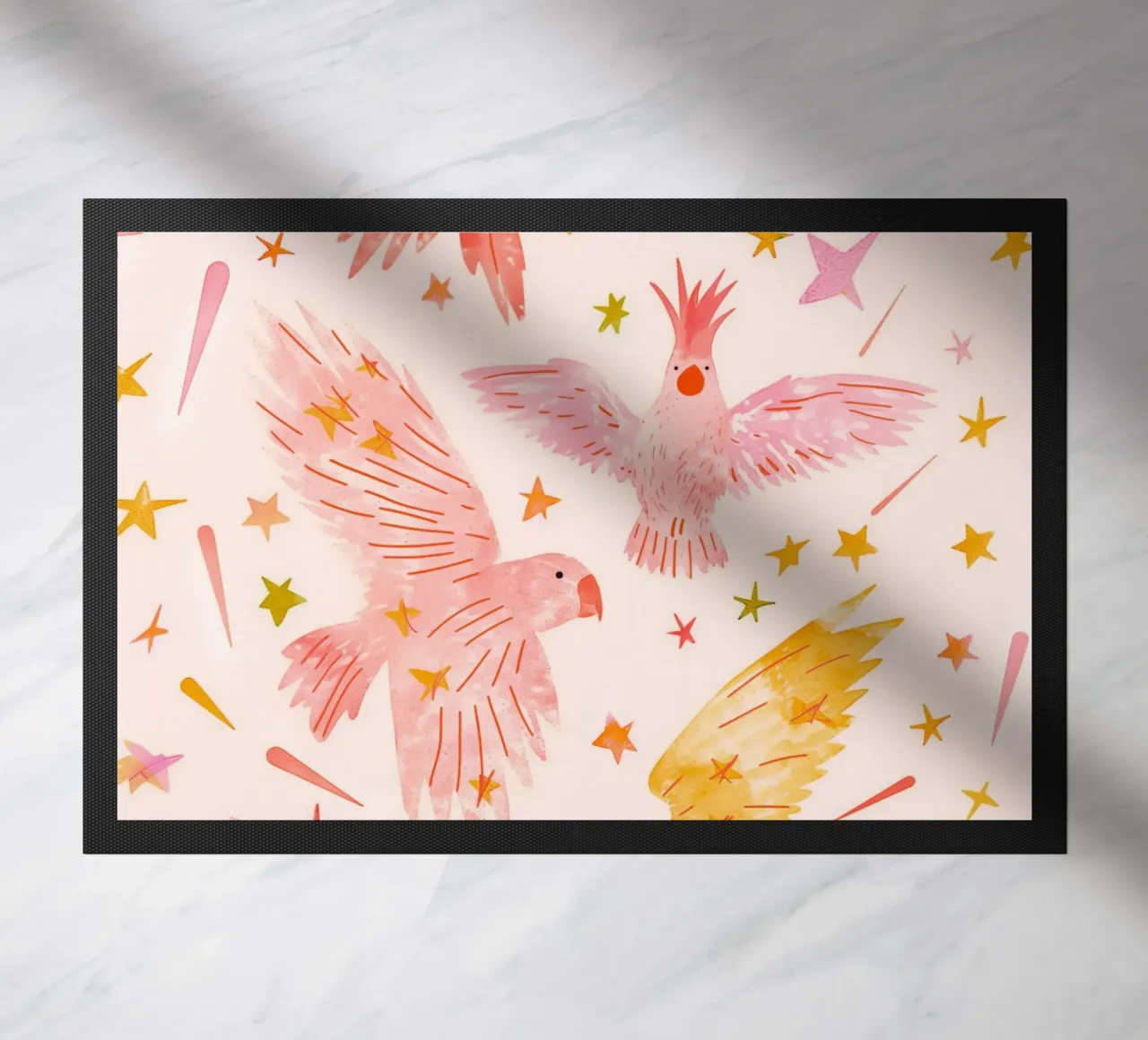 Piume Carino Cacatua rosa Pappagalli Uccelli Stelle Camera dei bambini zerbino da Gentle Echoes Art