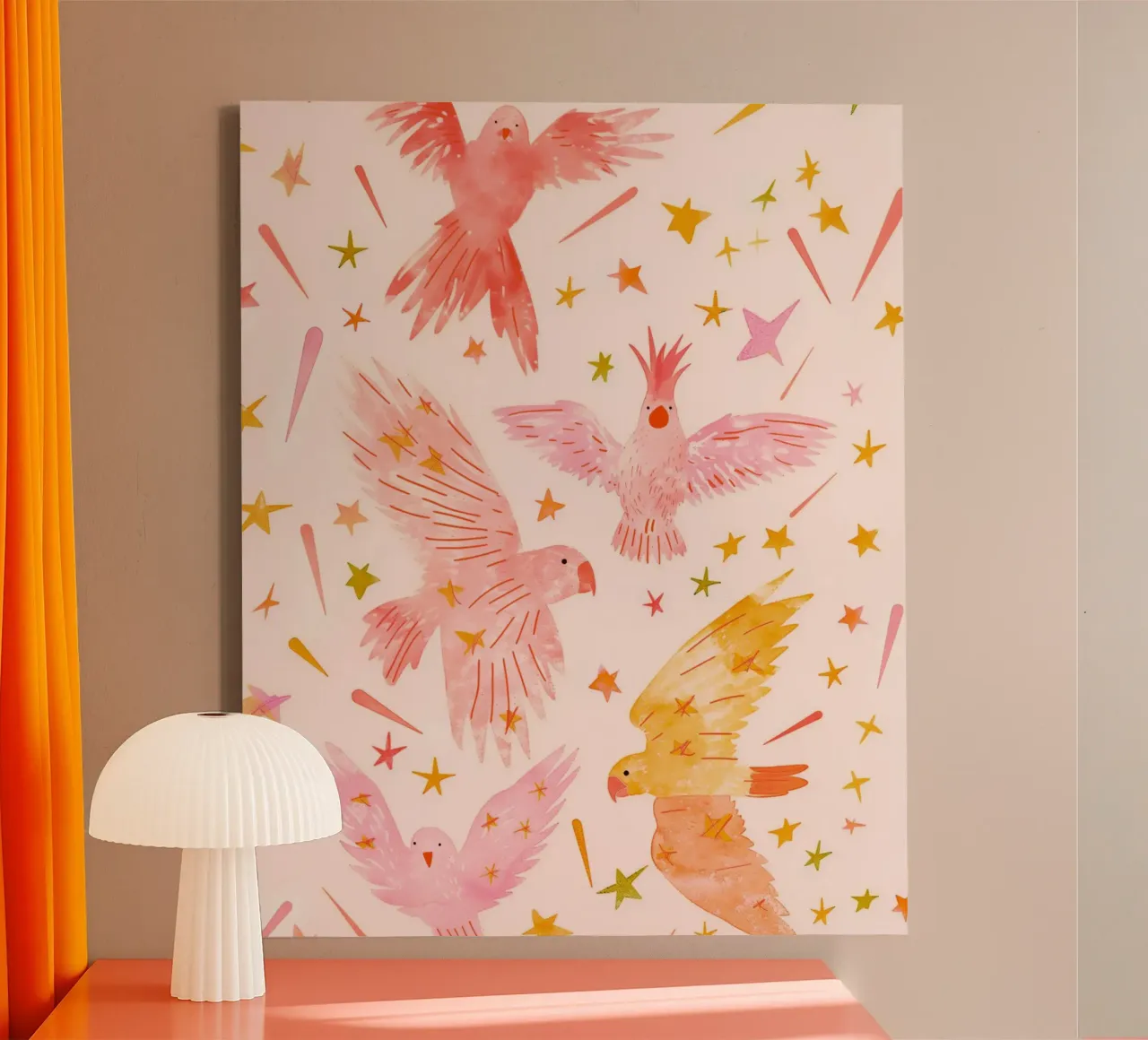 Piume Carino Cacatua rosa Pappagalli Uccelli Stelle Camera dei bambini tela con Cornice a cassetta da Gentle Echoes Art