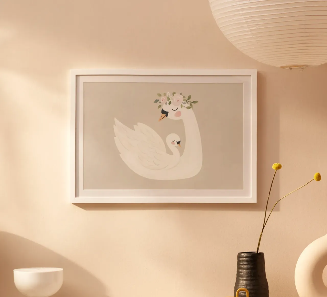 Illustrazione floreale del cigno per la cameretta poster con telaio in alluminio da Little Lola