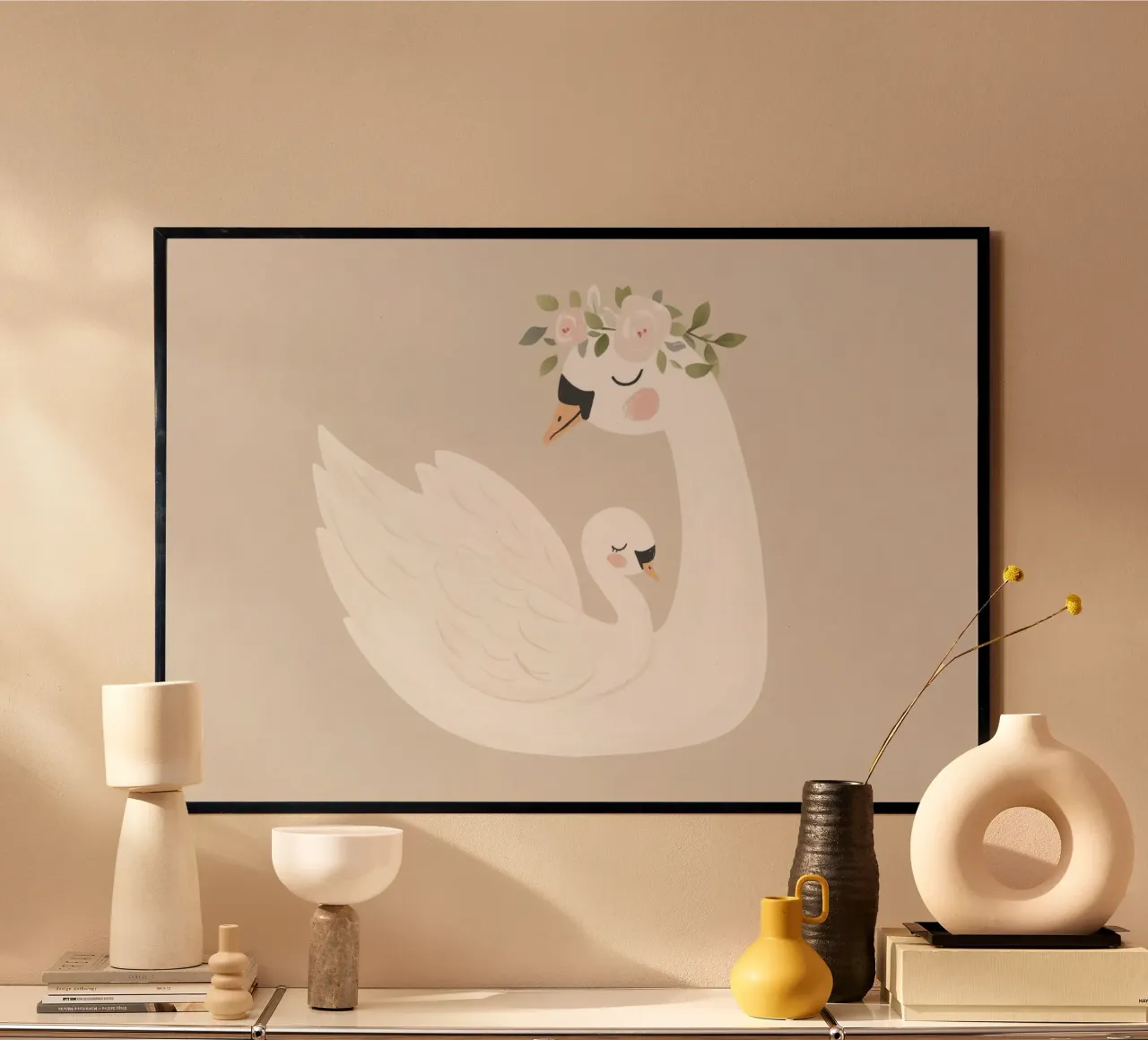 Illustrazione floreale del cigno per la cameretta poster con telaio in alluminio da Little Lola