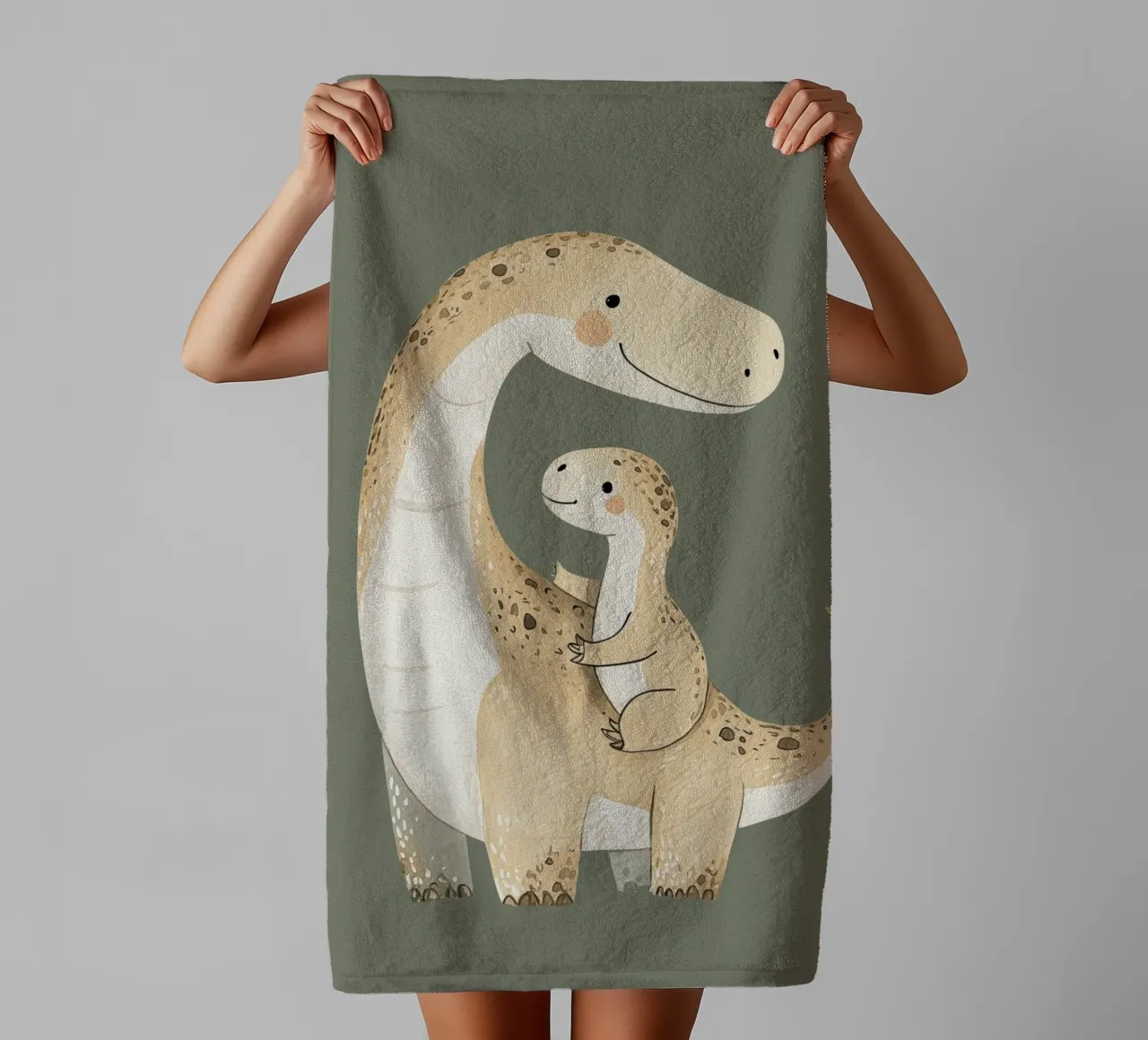 Illustrazione di dinosauri e covoni, stampa per l'asilo nido asciugamano da bagno da Little Lola