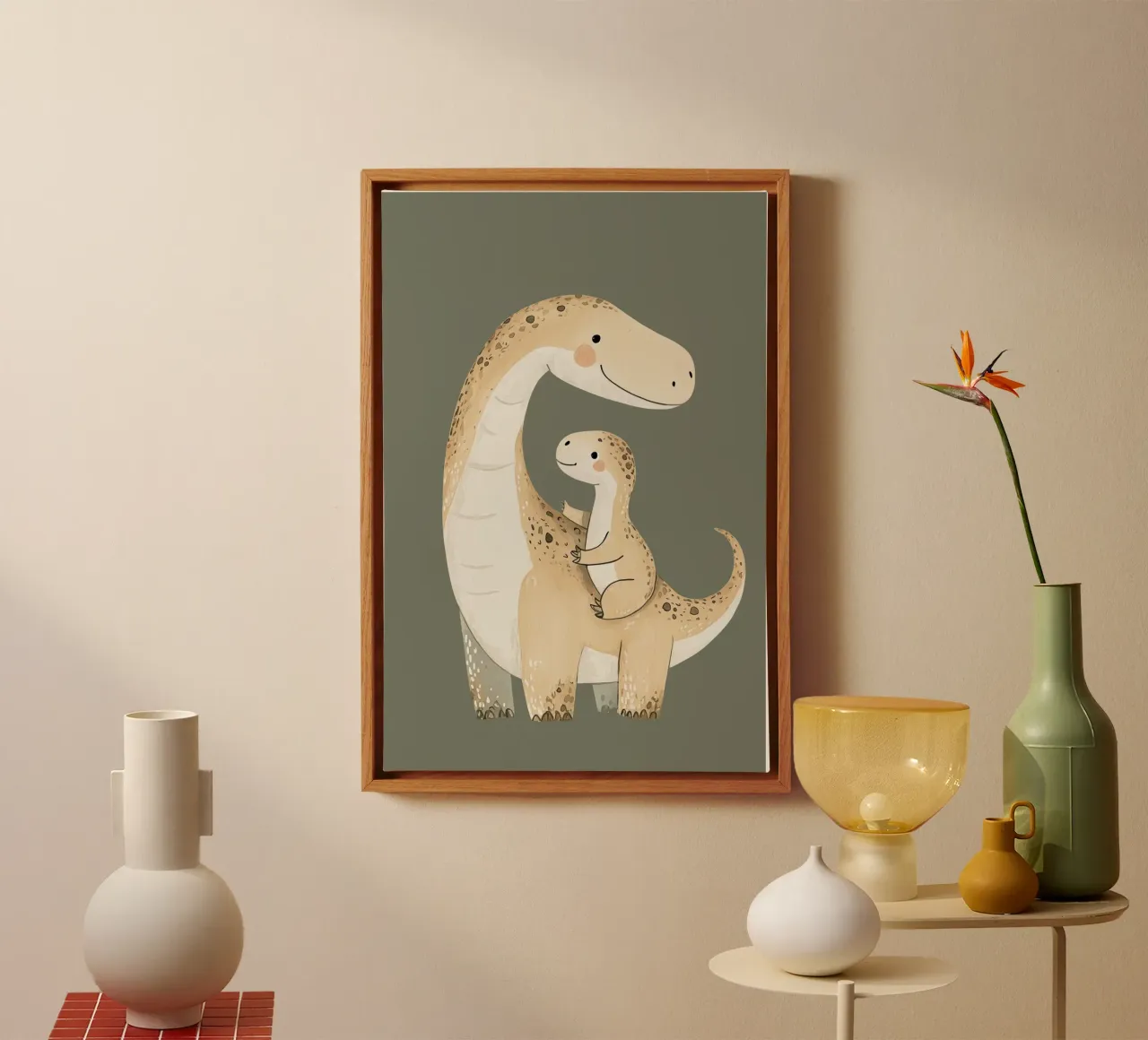 Dinosaur and Hatchlings Illustration, Nursery Print canvas with Floater frame by Little Lola