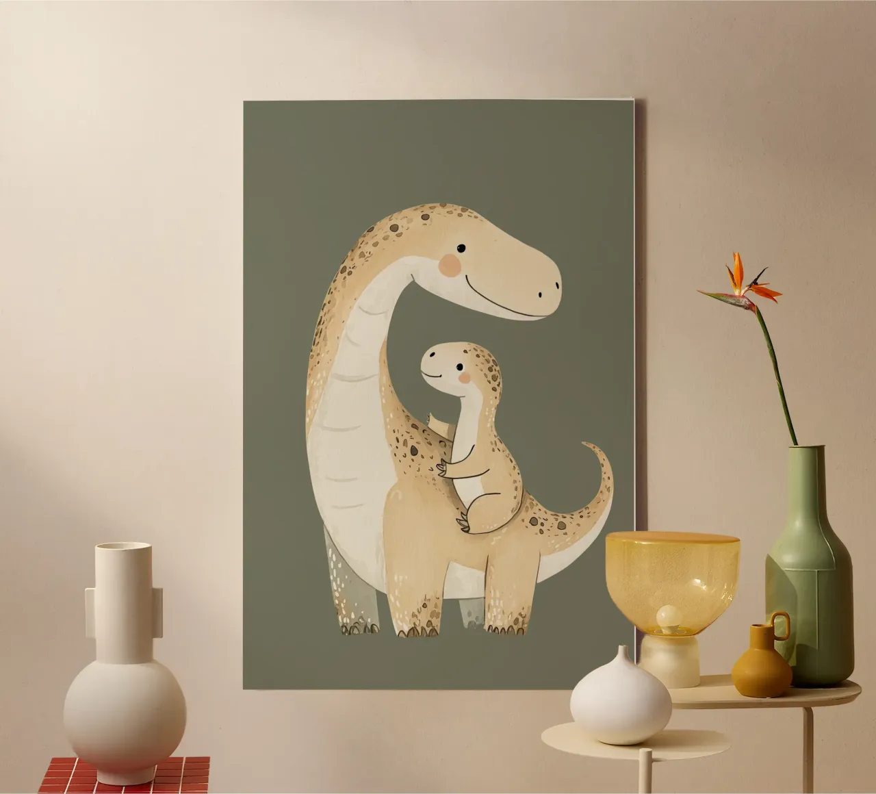 Dinosaur and Hatchlings Illustration, Nursery Print canvas with Floater frame by Little Lola
