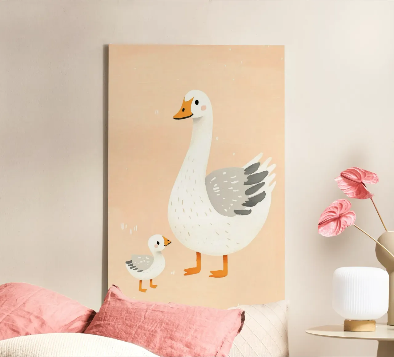 Goose and gosling illustration, cute animal illustration canvas by Little Lola