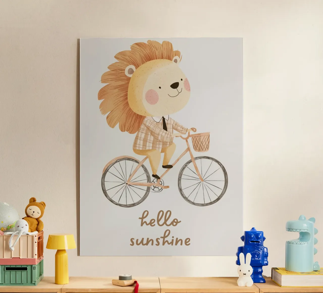 Leeuw op fiets, leeuwenprint, kinderillustratie acryl van Little Lola