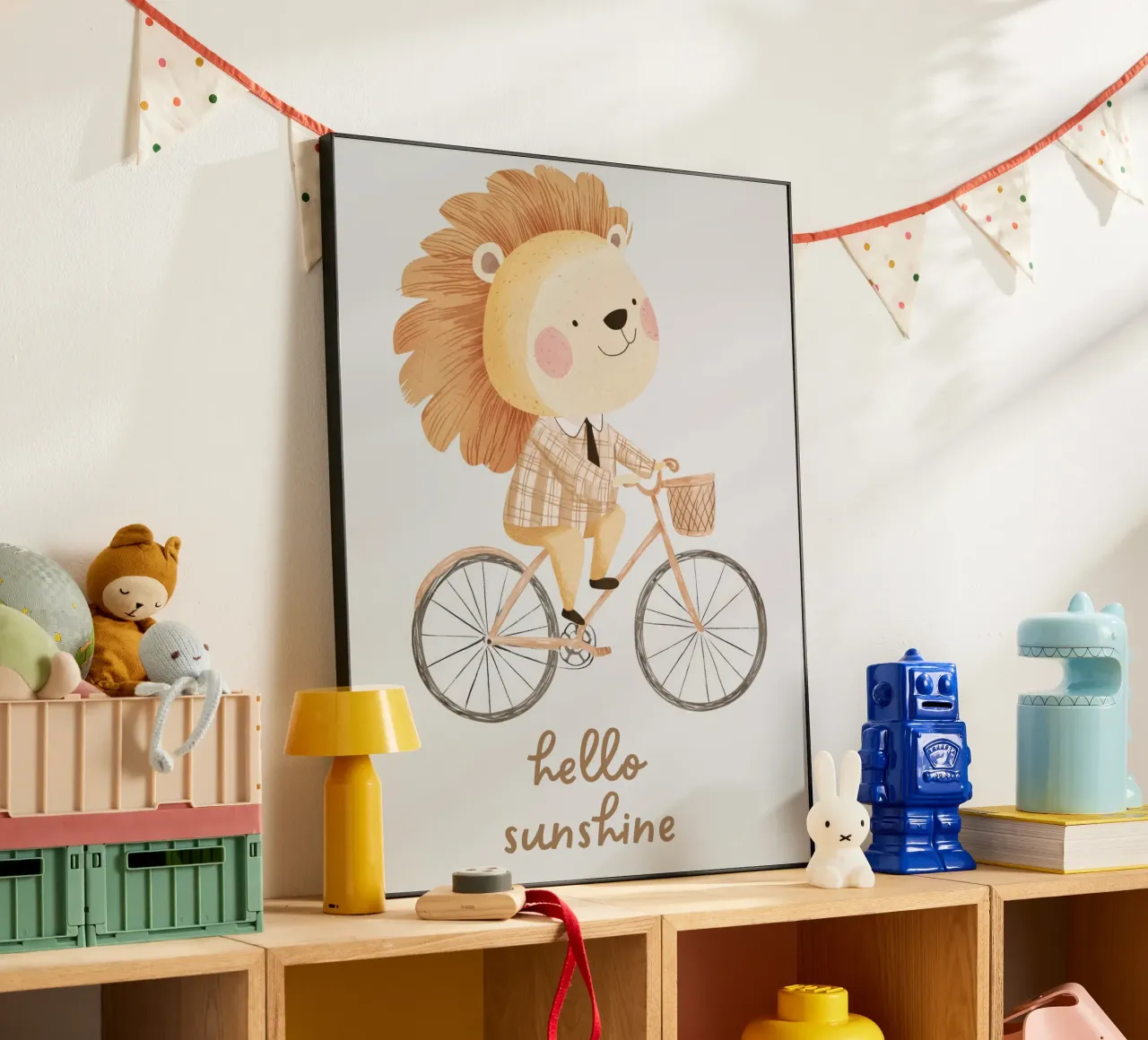 Lion on Bicycle, Lion Nursery Print, Kids Illustration alu-dibond by Little Lola