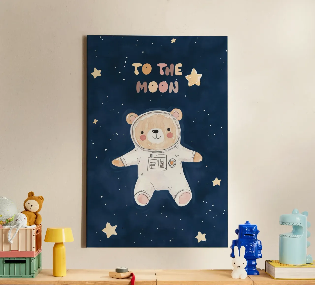 To The Moon Nursery Print, Oso en el espacio, cuarto de juegos infantil lienzo con Marco flotante de Little Lola