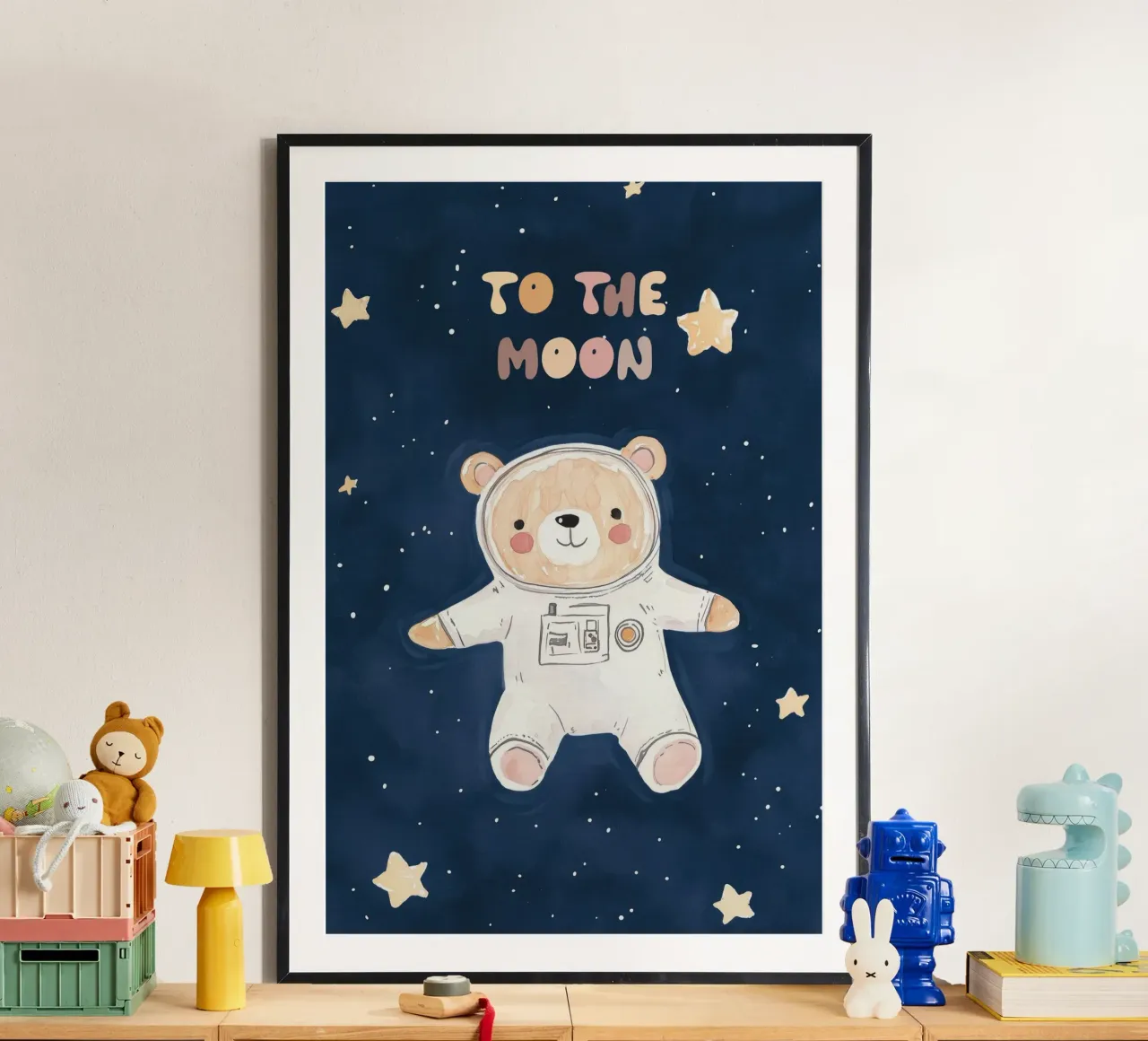 To The Moon Nursery Print, Oso en el espacio, cuarto de juegos infantil poster de Little Lola