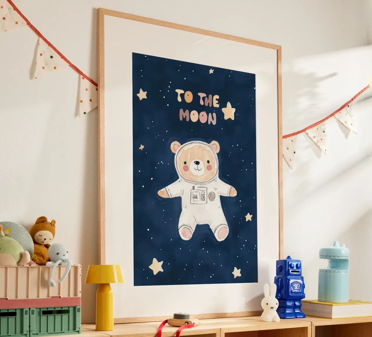 To The Moon Nursery Print, Oso en el espacio, cuarto de juegos infantil poster de Little Lola