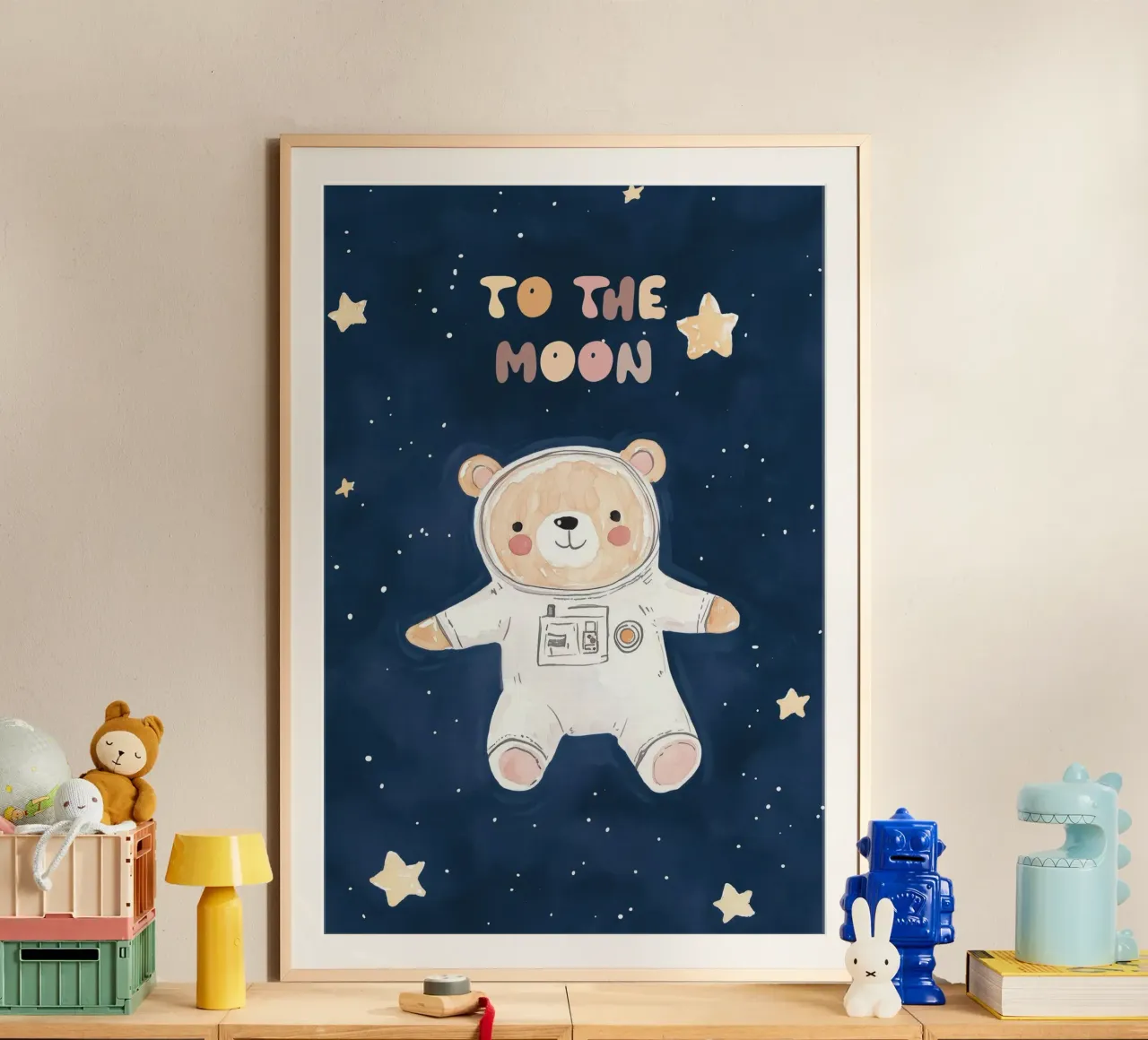 To The Moon Nursery Print, Oso en el espacio, cuarto de juegos infantil poster de Little Lola