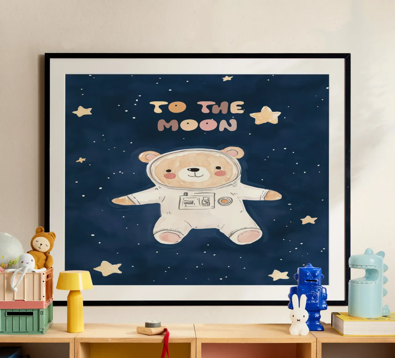 To The Moon Nursery Print, Oso en el espacio, cuarto de juegos infantil poster de Little Lola
