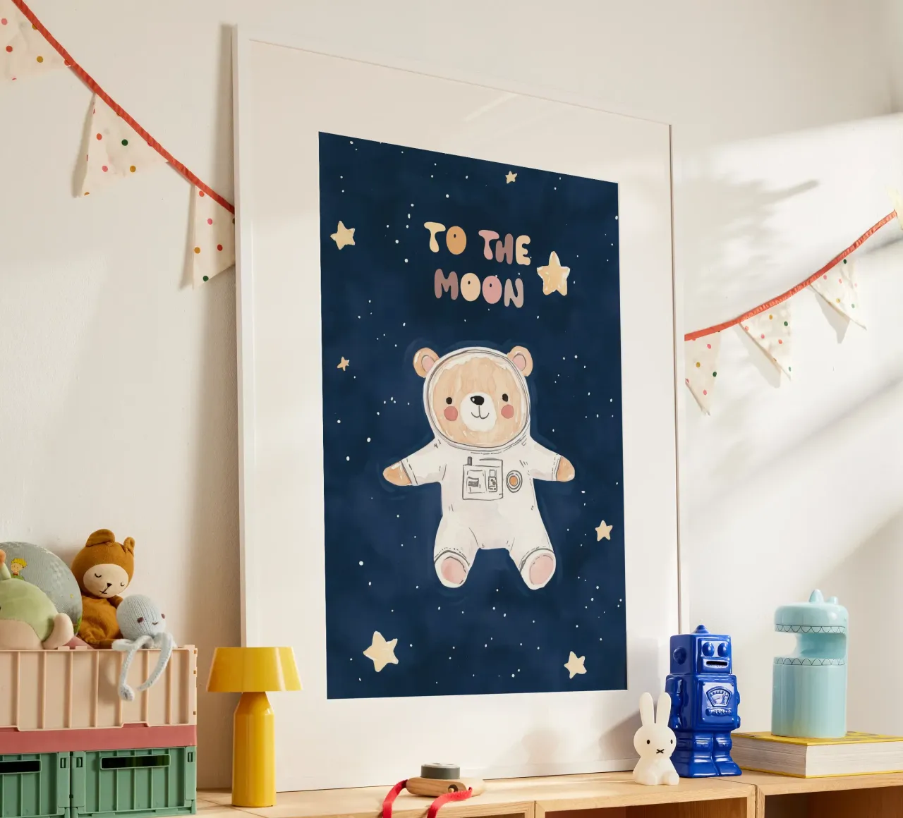 To The Moon Nursery Print, Oso en el espacio, cuarto de juegos infantil poster de Little Lola