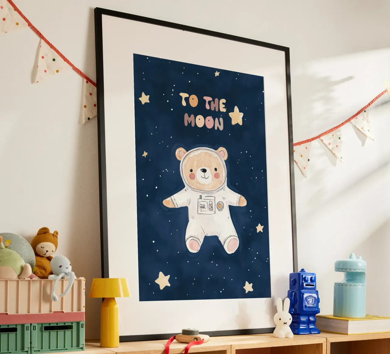 To The Moon Nursery Print, Oso en el espacio, cuarto de juegos infantil poster de Little Lola
