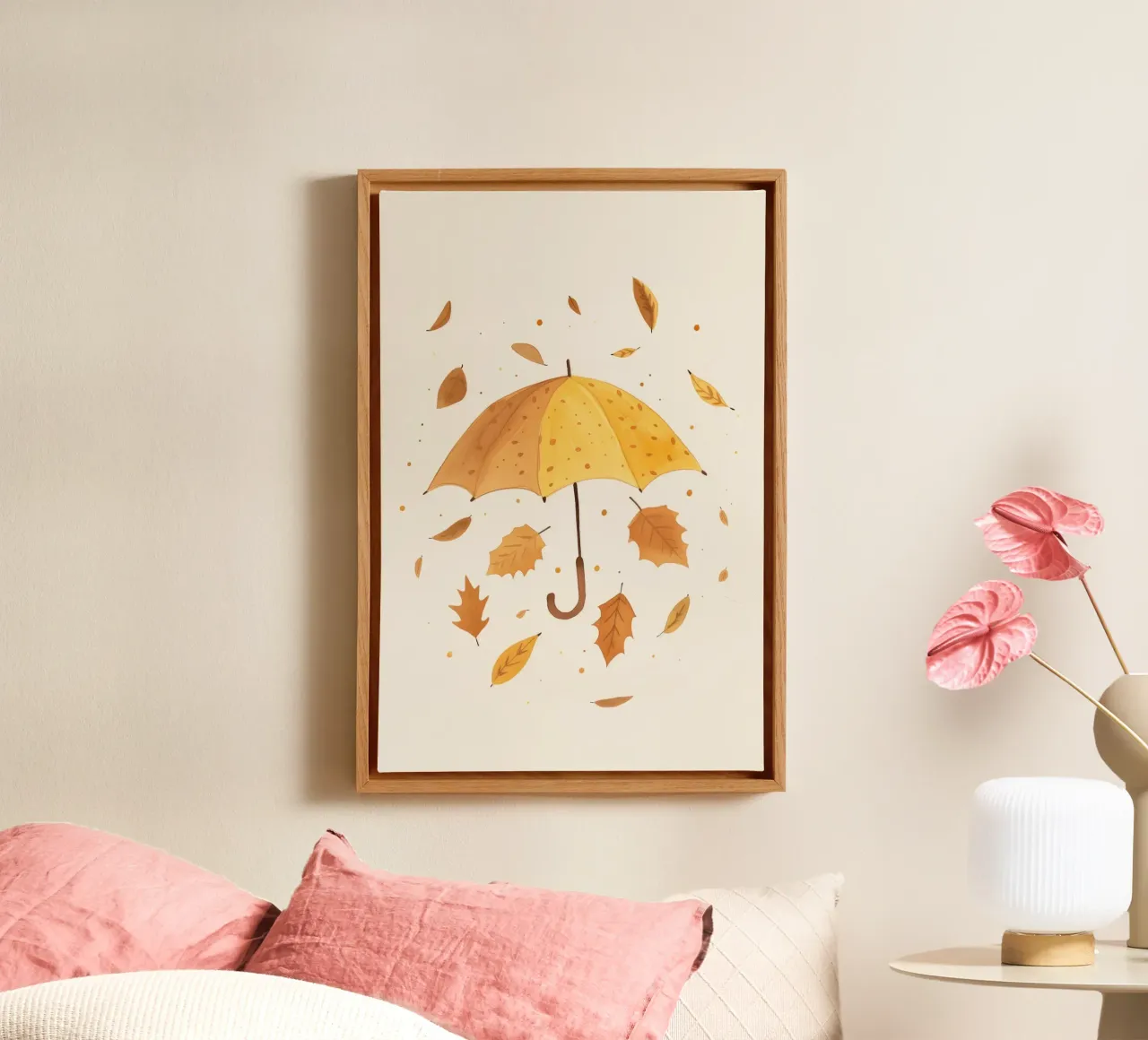 Herfstprint, Paraplu, Bladeren, Kinderkamer Print, Kinderspeelkamer canvas met Baklijst van Little Lola