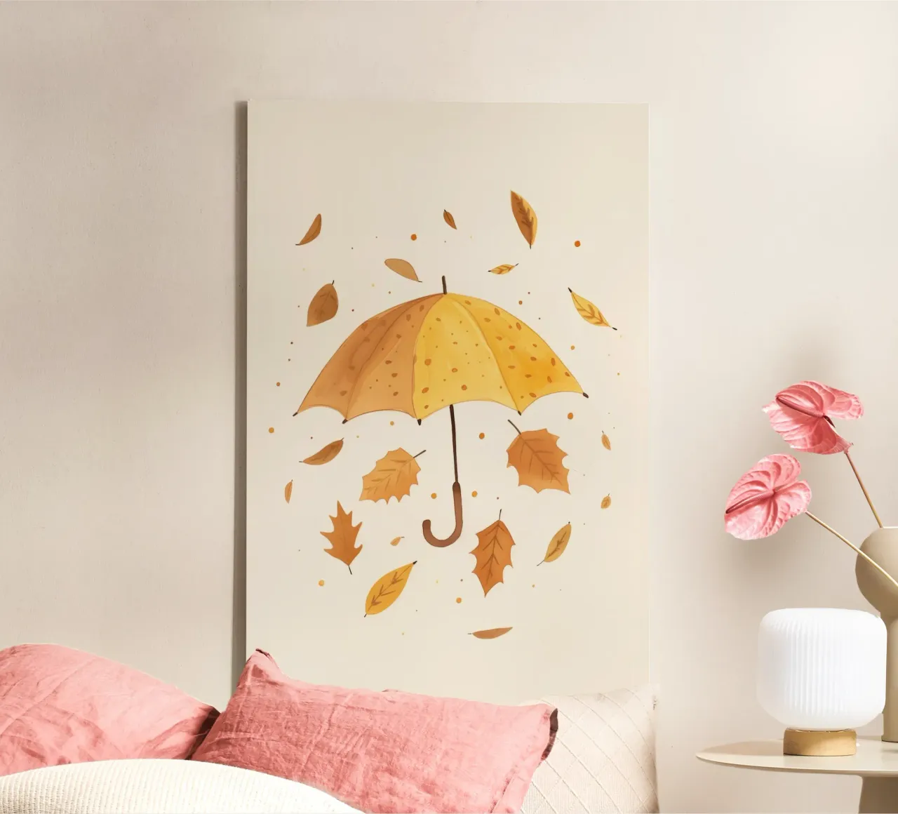 Herfstprint, Paraplu, Bladeren, Kinderkamer Print, Kinderspeelkamer canvas met Baklijst van Little Lola