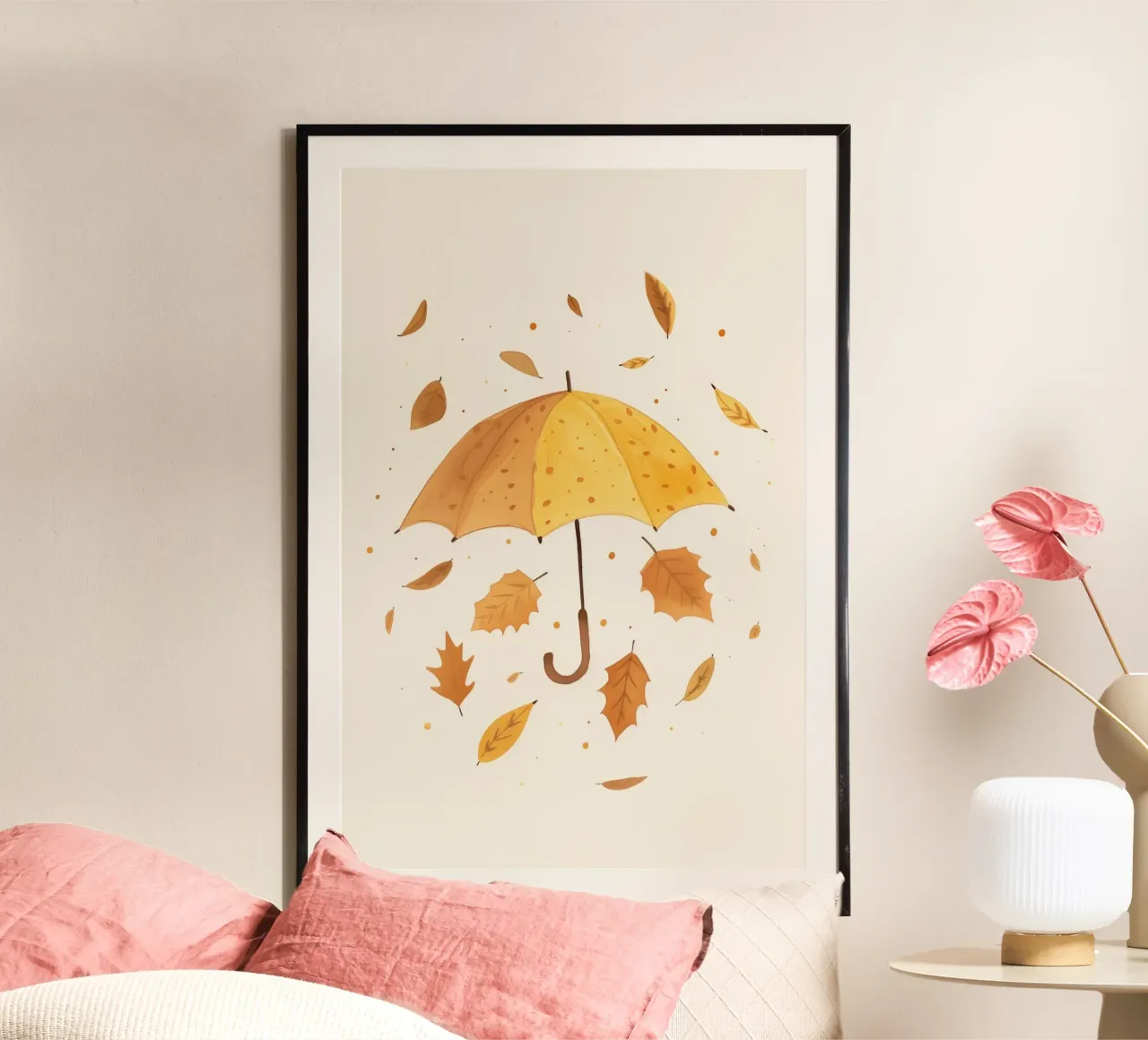 Herfstprint, Paraplu, Bladeren, Kinderkamer Print, Kinderspeelkamer poster met aluminium frame van Little Lola