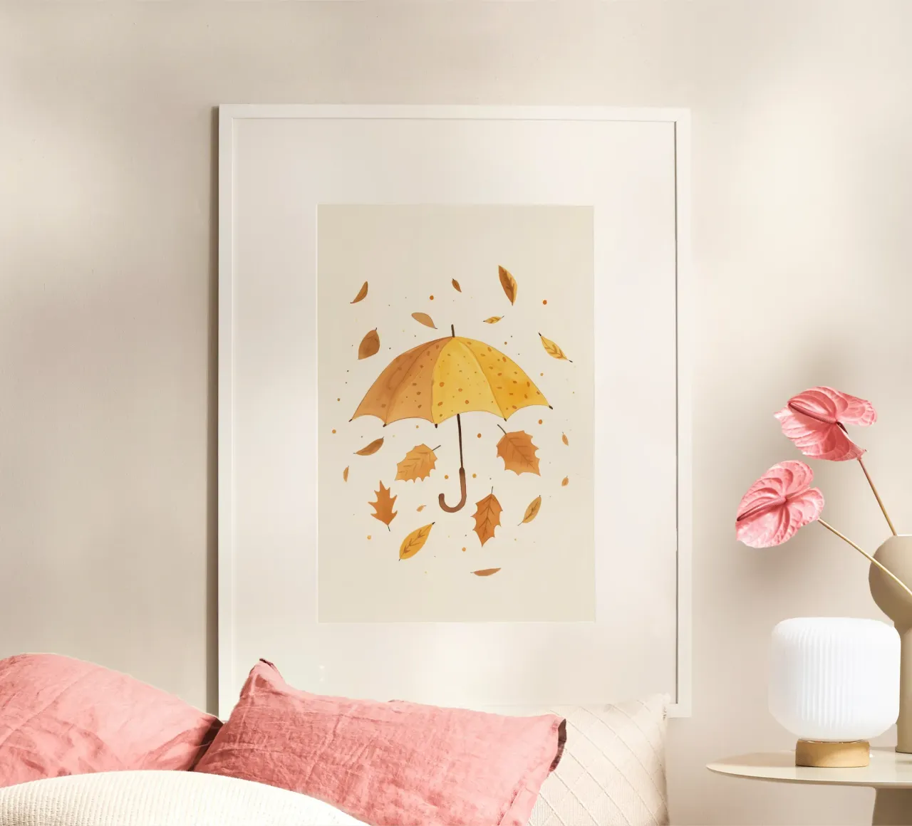 Herfstprint, Paraplu, Bladeren, Kinderkamer Print, Kinderspeelkamer poster met aluminium frame van Little Lola