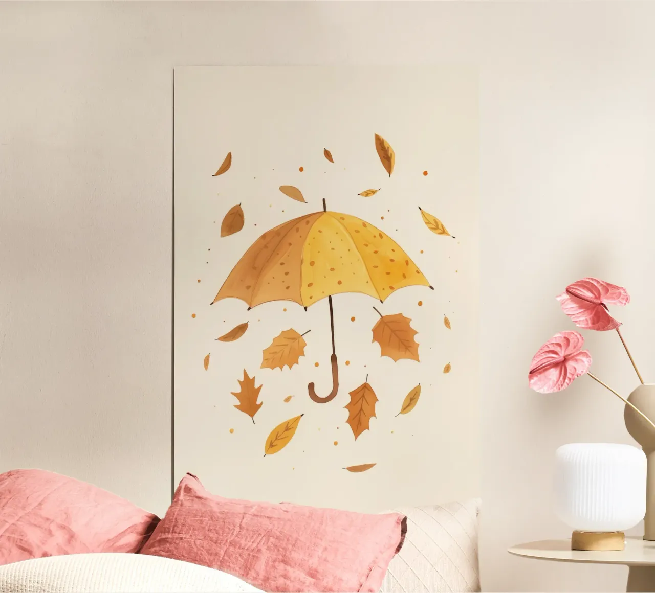 Herfstprint, Paraplu, Bladeren, Kinderkamer Print, Kinderspeelkamer poster met aluminium frame van Little Lola