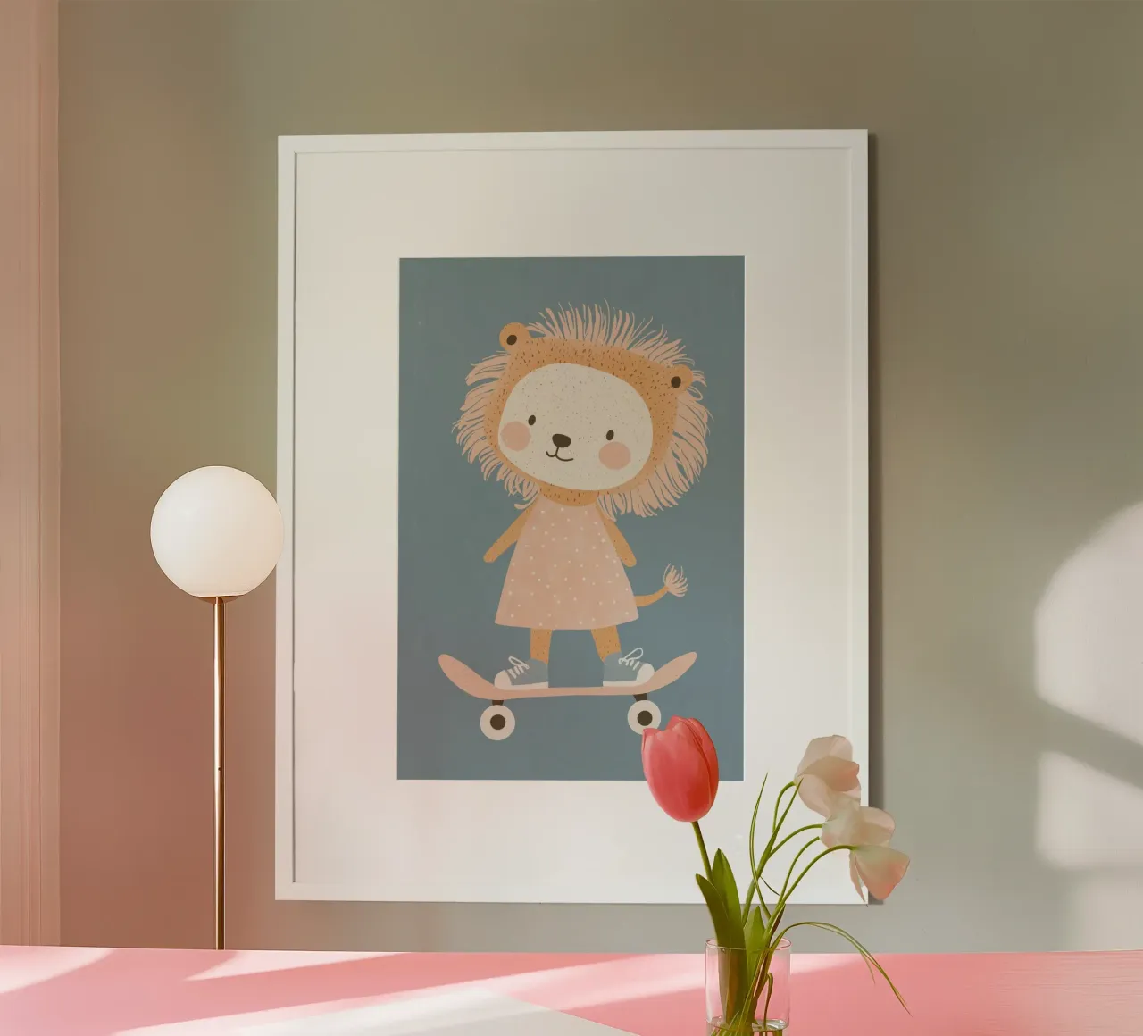 Leone in skateboard, poster da parete per cameretta, poster per sala giochi poster con telaio in plastica da Little Lola