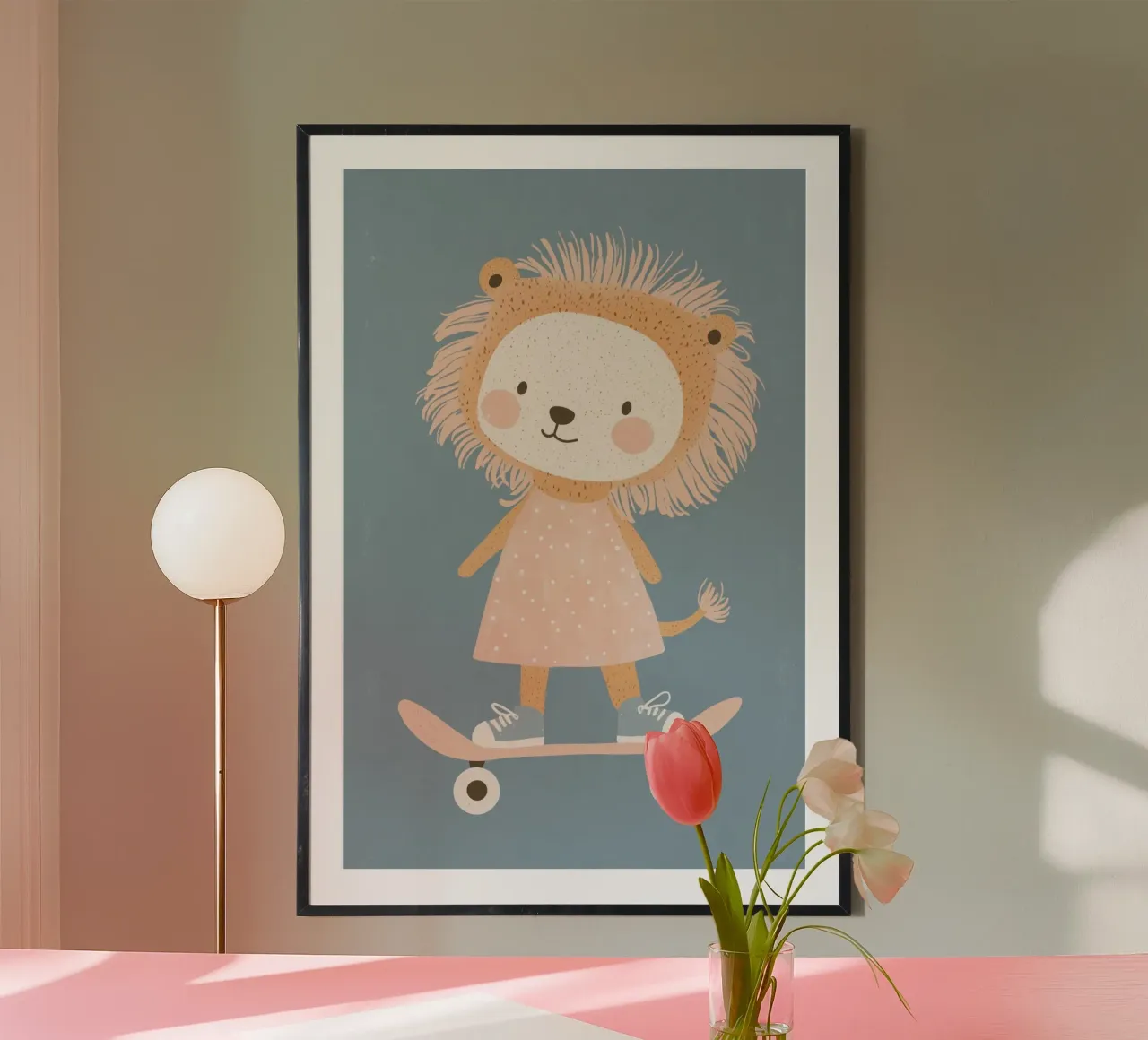 Leone in skateboard, poster da parete per cameretta, poster per sala giochi poster con telaio in plastica da Little Lola