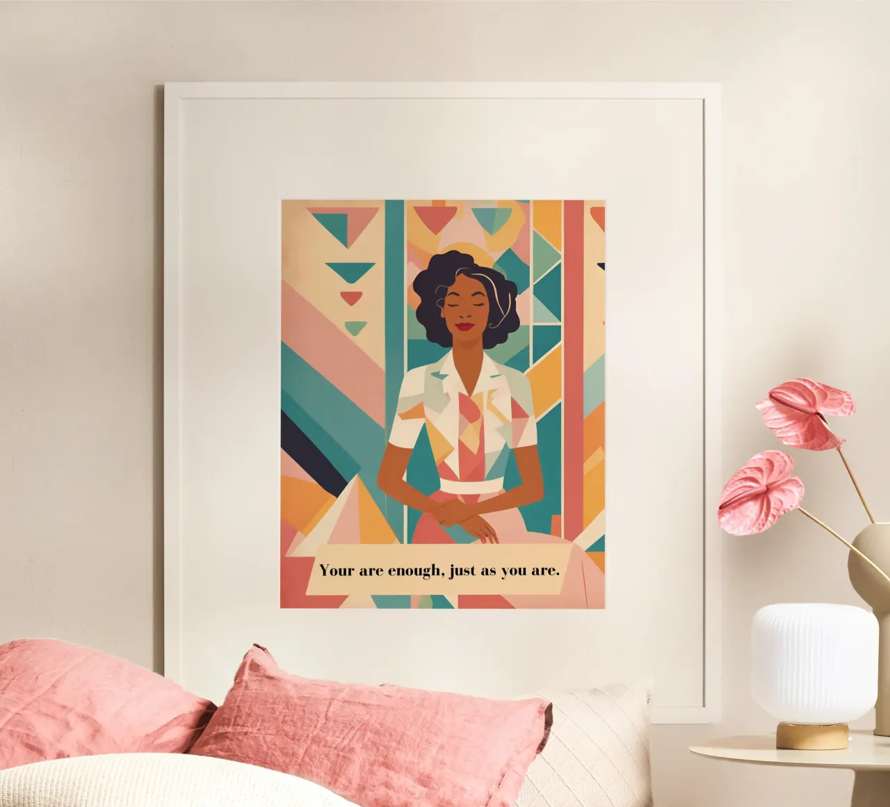 Frau mit Spruch: You are enough, just as you are. poster con telaio in legno da designsbysophia