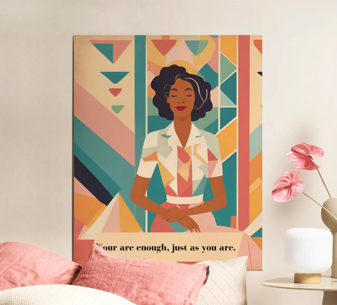 Frau mit Spruch: You are enough, just as you are. poster con telaio in legno da designsbysophia
