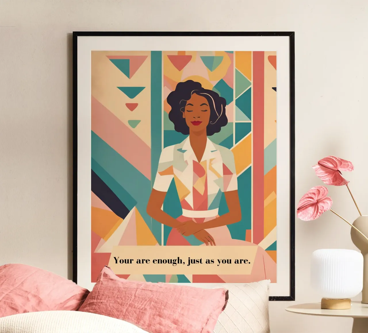 Frau mit Spruch: You are enough, just as you are. poster con telaio in legno da designsbysophia