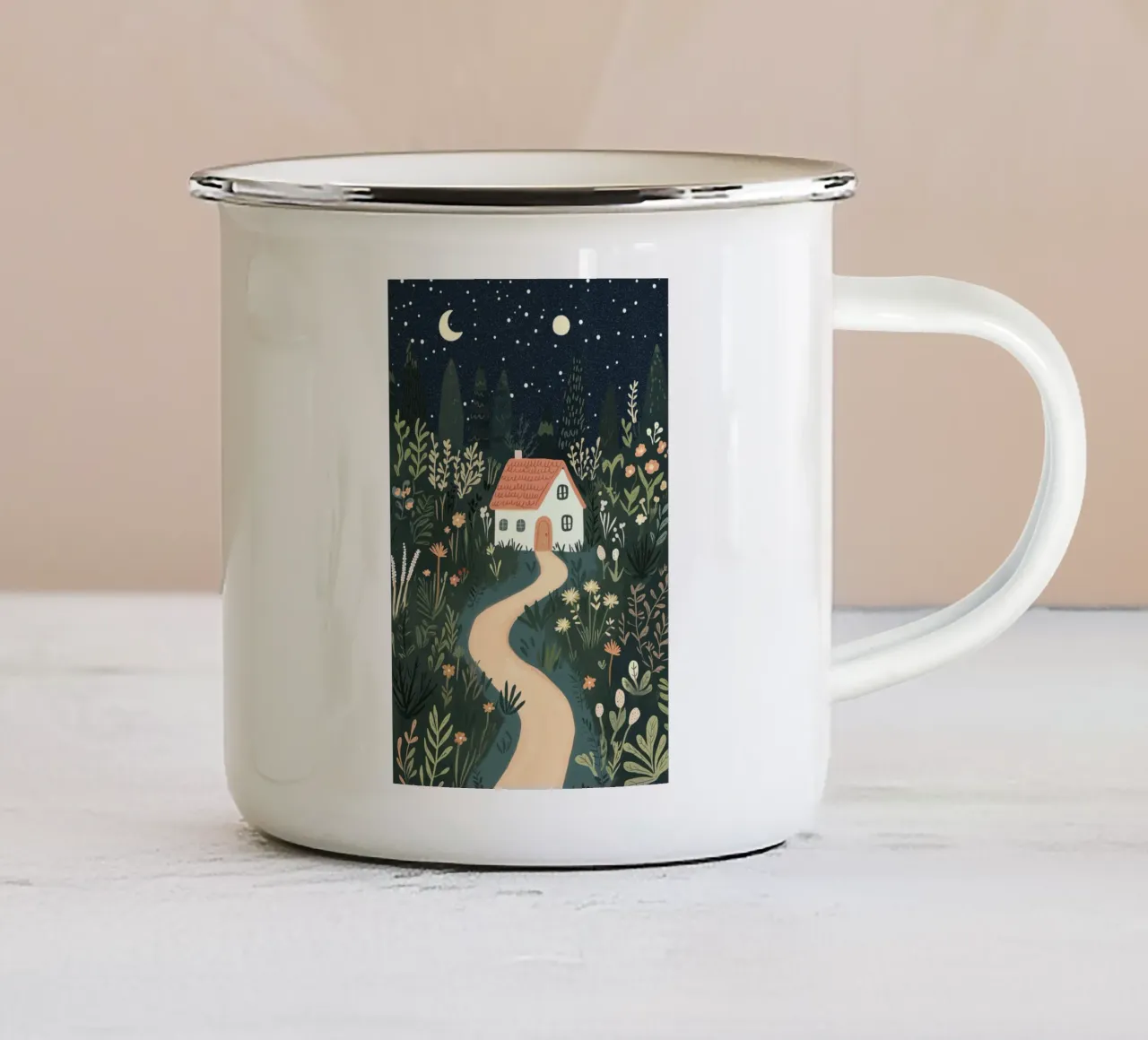 Cabaña de cuento de hadas con flores, Póster para cuarto de niños, Arte para cuarto de juegos taza de esmalte de Little Lola