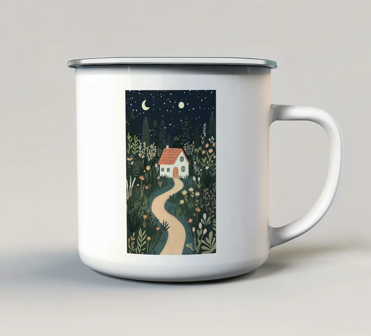 Cabaña de cuento de hadas con flores, Póster para cuarto de niños, Arte para cuarto de juegos taza de esmalte de Little Lola