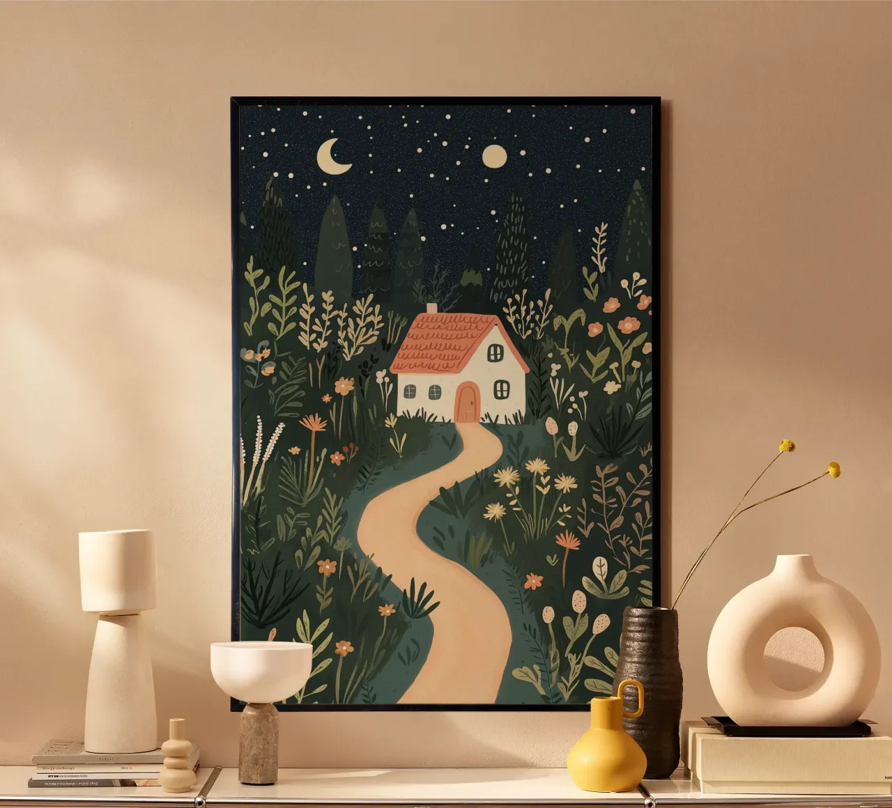 Cottage de conte de fées avec des fleurs, affiche de la chambre d'enfant, art de la salle de jeux poster avec cadre en plastique de Little Lola