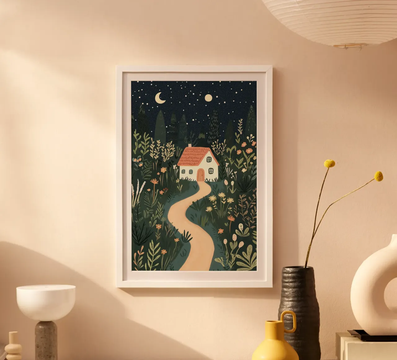 Cottage de conte de fées avec des fleurs, affiche de la chambre d'enfant, art de la salle de jeux poster avec cadre en plastique de Little Lola