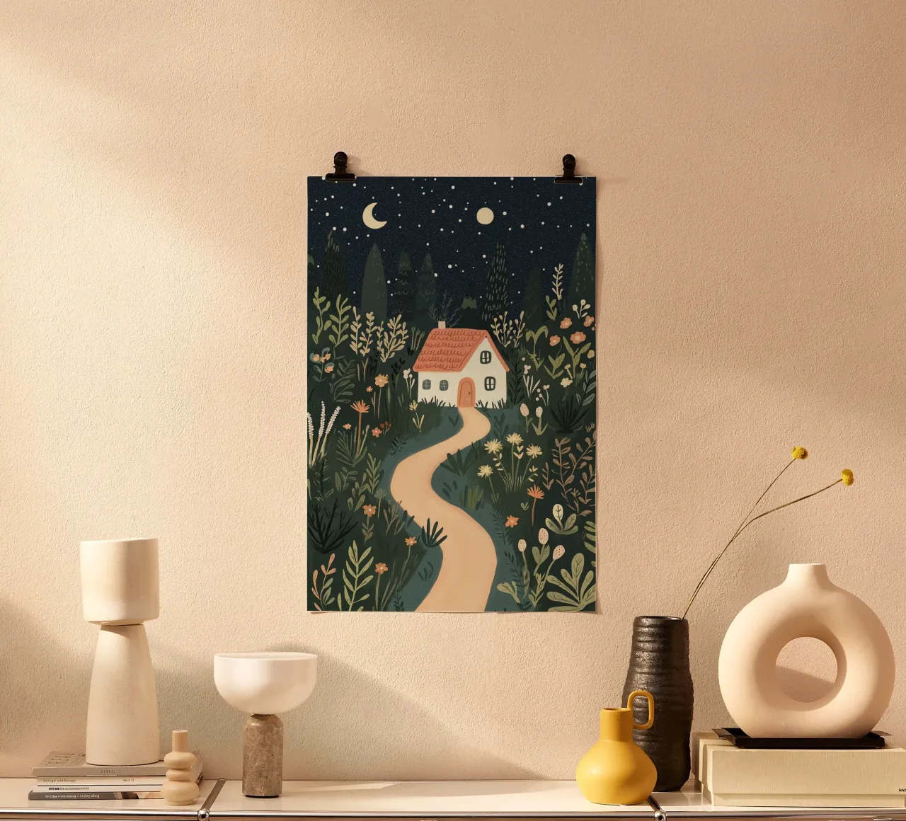 Cottage de conte de fées avec des fleurs, affiche de la chambre d'enfant, art de la salle de jeux poster avec cadre en plastique de Little Lola