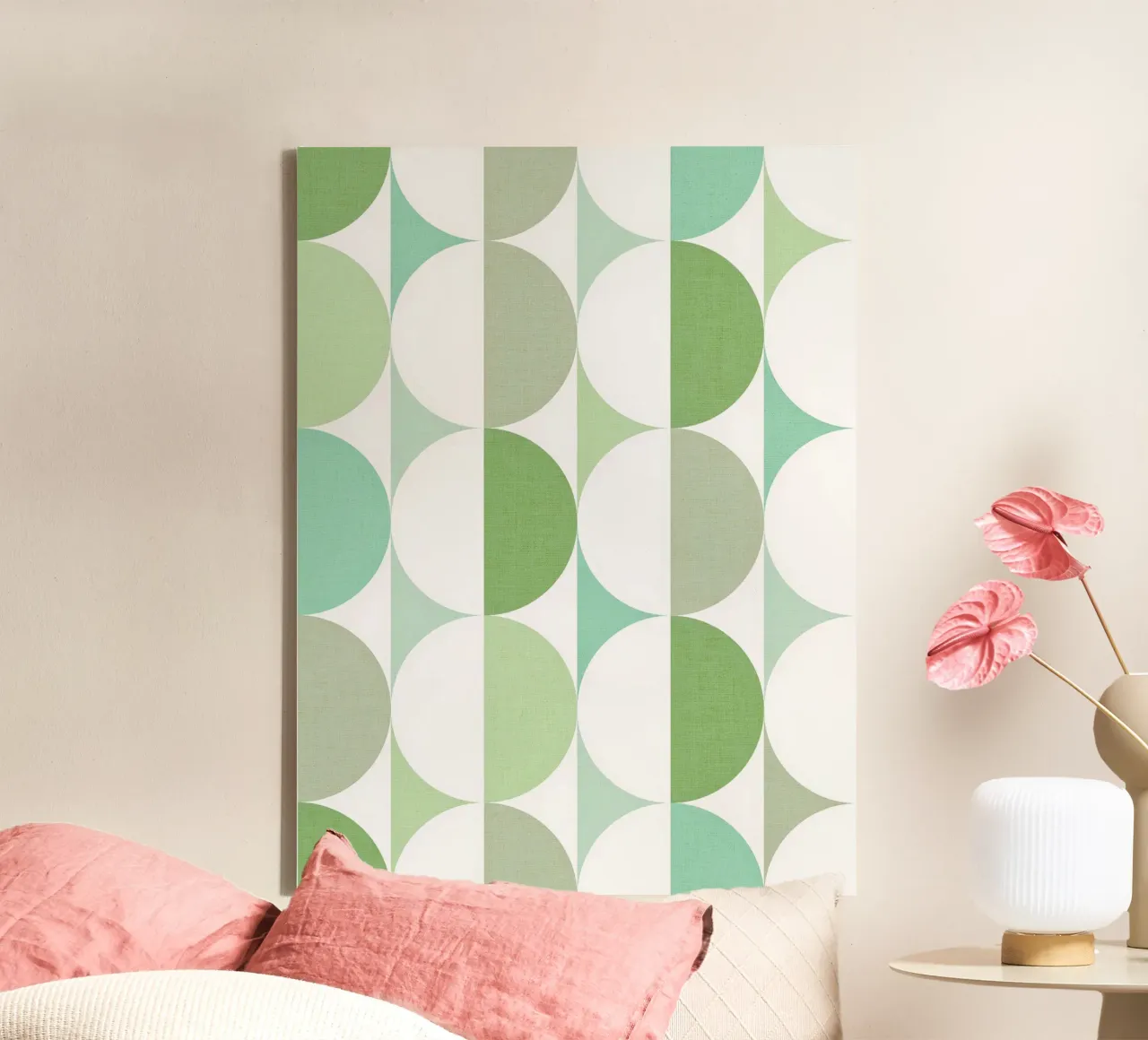 Mid Mod Speelse Geo Stippen SUN & MOON - Tonaal Pastel Groen canvas van Dominique Vari Abstract