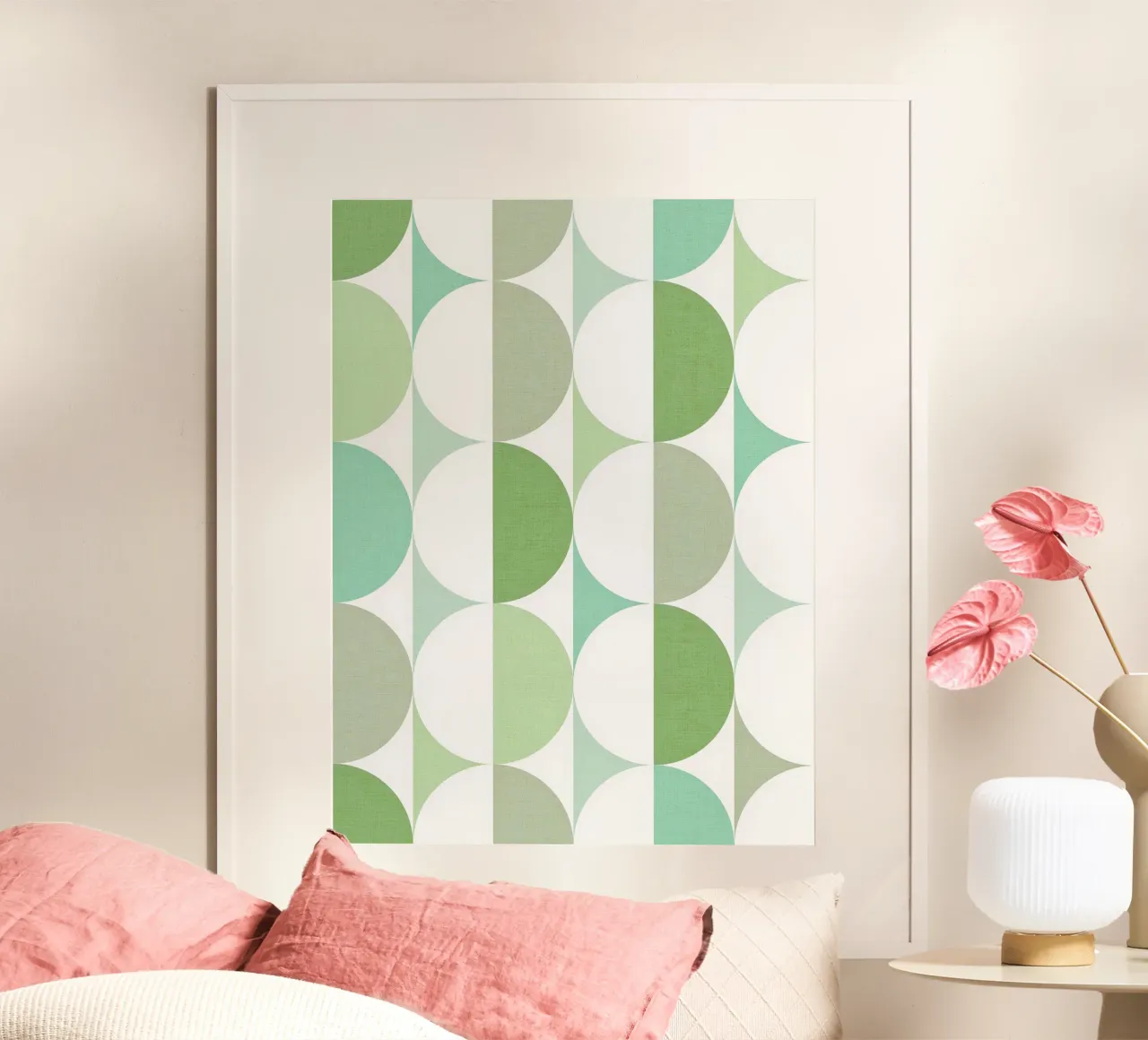 Mid Mod Playful Geo Dots SUN & MOON - Verde pastello tonale carta hahnemühle da Dominique Vari Abstract