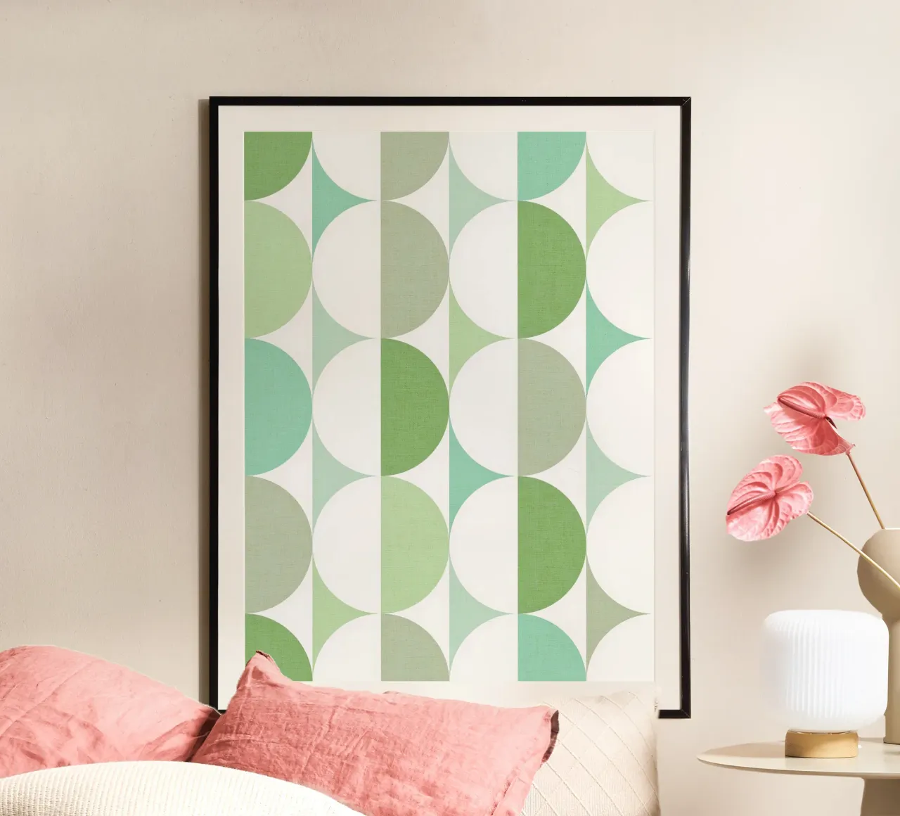 Mid Mod Playful Geo Dots SUN & MOON - Verde pastello tonale carta hahnemühle da Dominique Vari Abstract