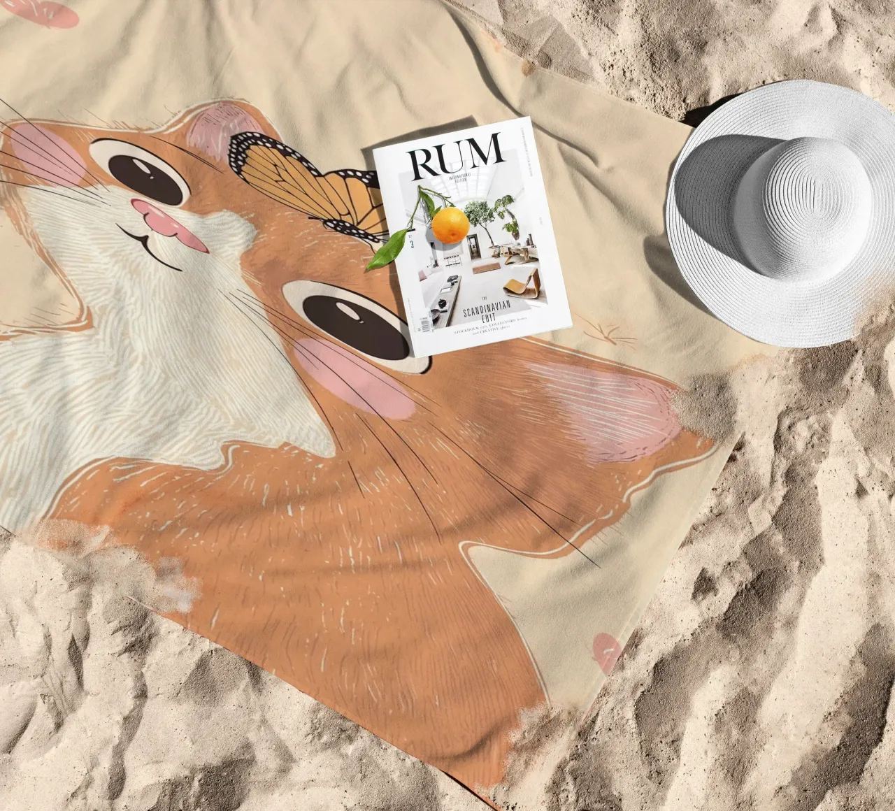 Illustrazione di un gatto carino per la cameretta o la stanza dei bambini telo mare da Little Lola
