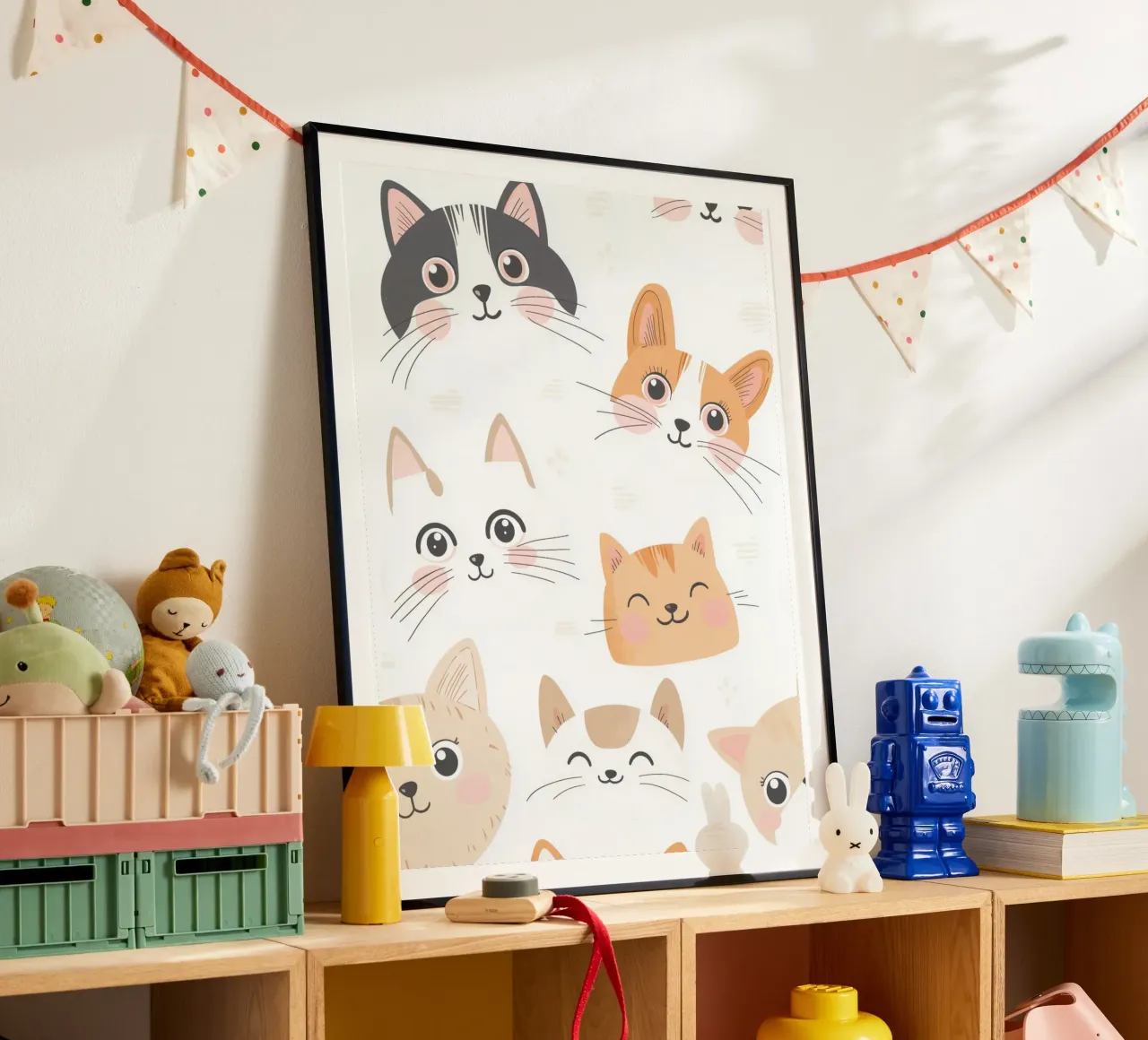 Illustrazione di un gatto per la stanza dei giochi dei bambini, grafica di un gatto carino poster con telaio in alluminio da Little Lola