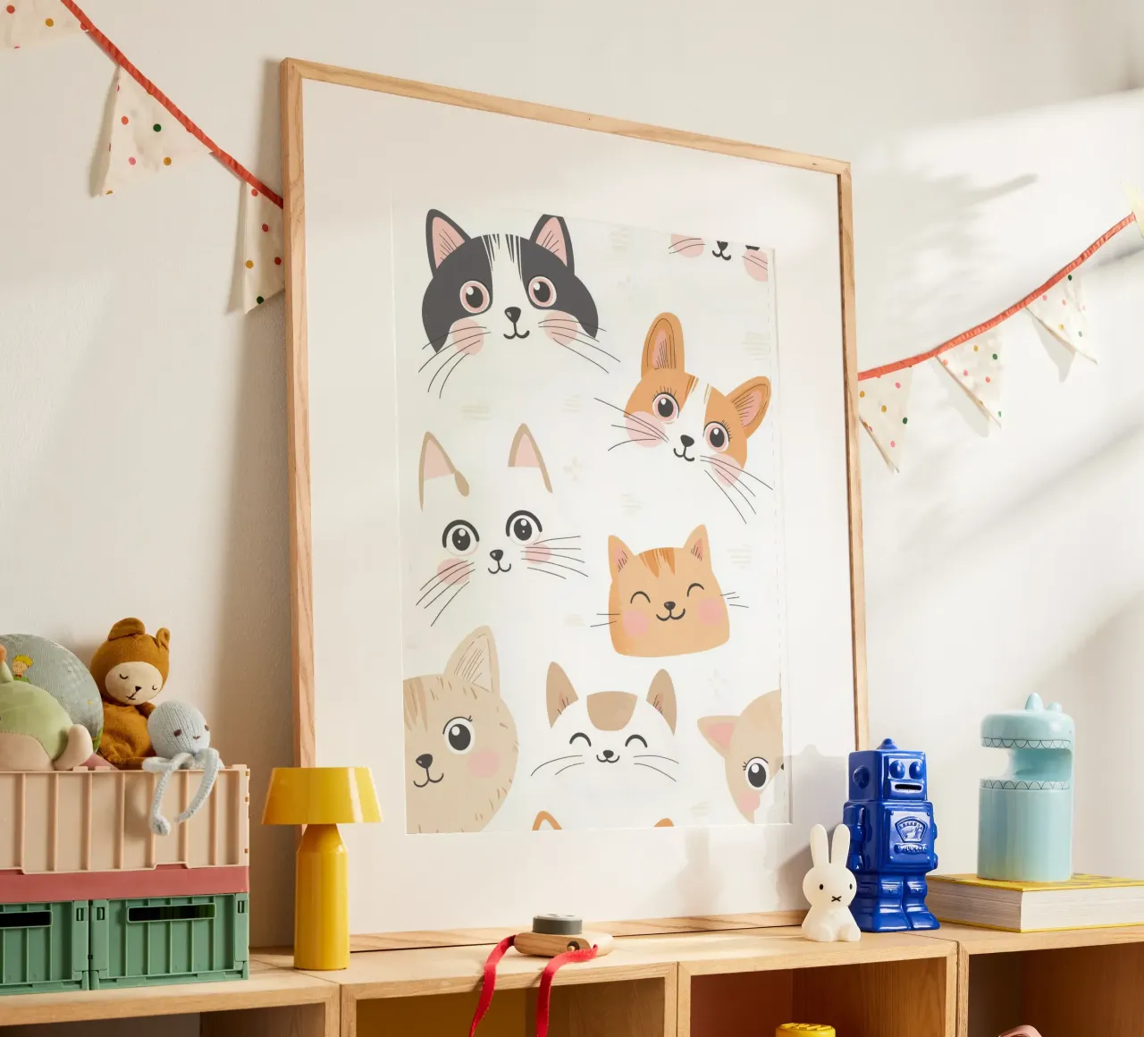Illustrazione di un gatto per la stanza dei giochi dei bambini, grafica di un gatto carino poster con telaio in alluminio da Little Lola