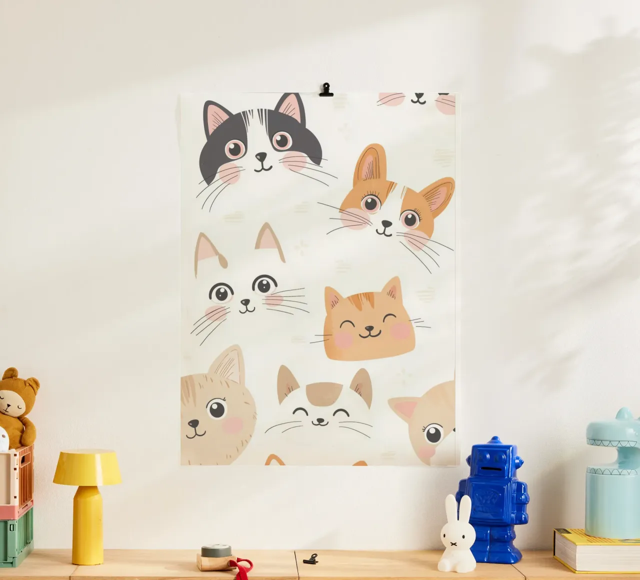 Illustrazione di un gatto per la stanza dei giochi dei bambini, grafica di un gatto carino poster con telaio in alluminio da Little Lola