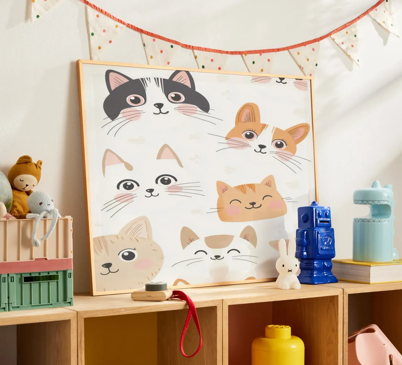 Illustrazione di un gatto per la stanza dei giochi dei bambini, grafica di un gatto carino poster con telaio in alluminio da Little Lola