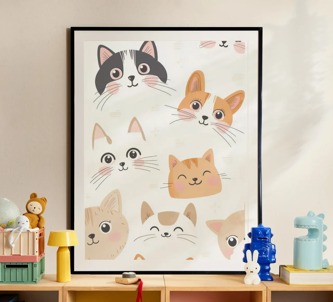 Illustrazione di un gatto per la stanza dei giochi dei bambini, grafica di un gatto carino poster con telaio in alluminio da Little Lola