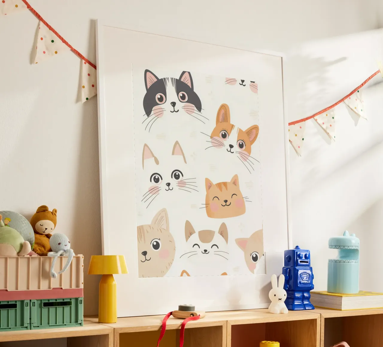 Illustrazione di un gatto per la stanza dei giochi dei bambini, grafica di un gatto carino poster con telaio in alluminio da Little Lola