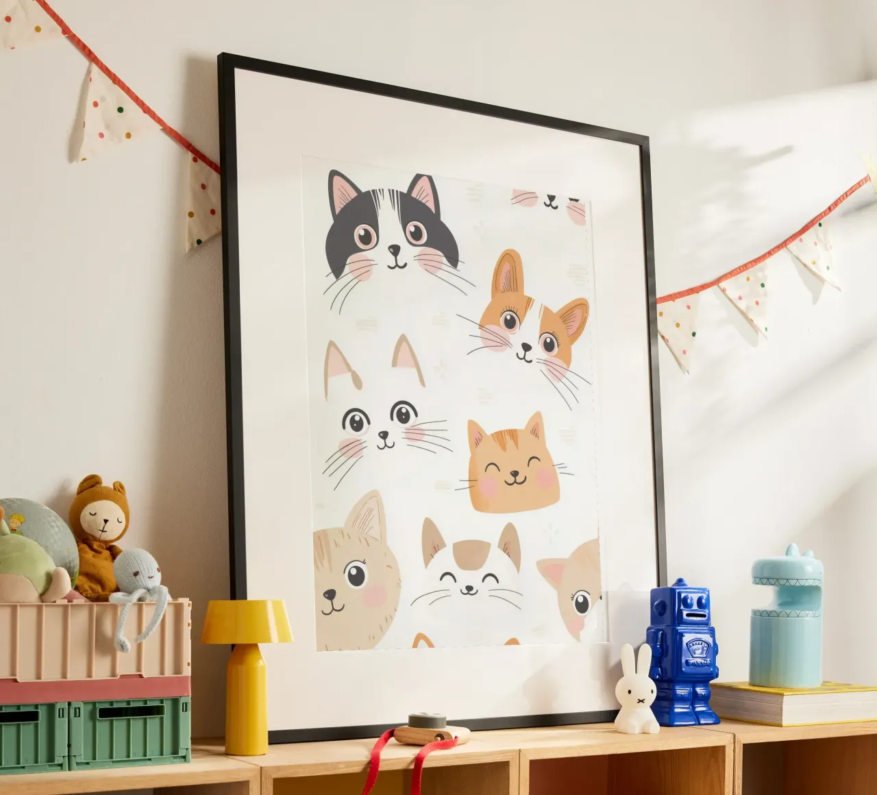 Illustrazione di un gatto per la stanza dei giochi dei bambini, grafica di un gatto carino poster con telaio in alluminio da Little Lola